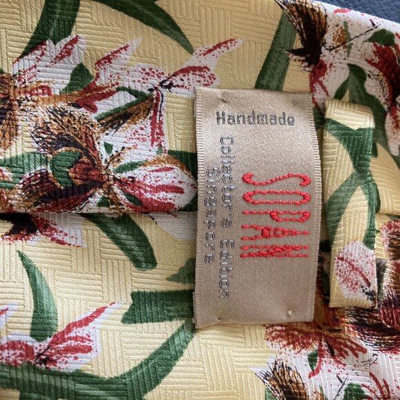 Vintage Floral Print Sopan Silk Tie Handmade Yellow Bird Of Paradise - Picture 5 of 7